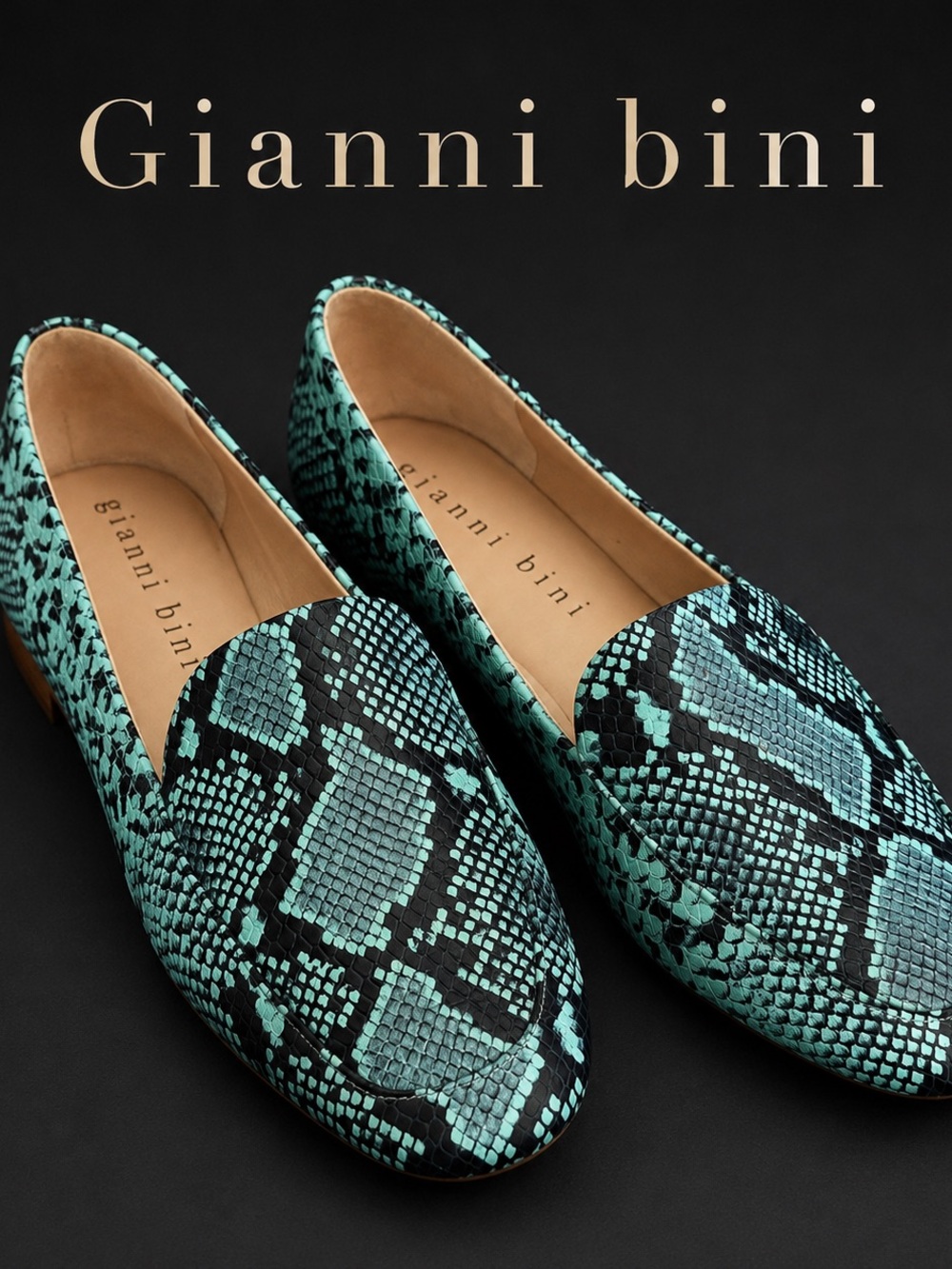 Gianni Bini Macen Snake Print Leather Loafers Teal Black Sz 10